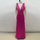 Pink Satin Deep Neck Pleated Maxi Dress-Outfit