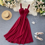 New Design Sense Careful Machine V Collar Back Retro Solid Color Waist Show Thin Hem Long Dress Women's Dress-Outfit