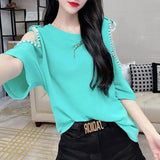 Clothing Sexy Off Shoulder Cut Out Pullovers Fashion Solid Color All-match Summer Chic Diamonds Beading O-Neck T-shirt-Outfit