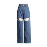 Fongt Style Autumn 2024 New Middle Waist Long Straight Cylinder Set Diamond Hollow Out Design Women's Solid Color Jeans-Outfit