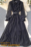 Women Chiffon Dress Elegant Long Sleeve Lapel Ruffles Party Dresses Ladies High Waist Pleated Solid Long