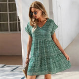 Short Sleeve V Neck Loose Ladies Casual Mini