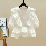 Women Summer korean two pieces set for women streetwear off the shoulder striped patchwork blouse and irregular mesh skirts