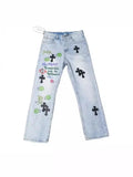 New Crowne Loose Printed Jeans Cross Leisure Straight Tube Loose White Washed Trousers-Outfit