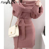Fashion Autumn and Winter Elegant Straight Neck Open Shoulder Pit Strap Waist Tight Knit Buttock Wrap Dress