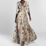 Fongt Women's Fashion Elegant Temperament V-Neck Print With Large Skirt Dress Dress Woman