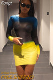 Color Blocking Mesh See Through Slim Mini Dress Women Long Sleeve Casual Party Vestidos 2023 Spring Fall Lolita Y2K