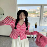 Fongt New Striped V-Necked Long-Sleeved Knitted Cardigan Female Red Ins Wind Short