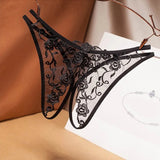 crotch-free women's panties mesh embroidery retro hollowed out sexy transparent thong ultra-thin low waist t pants G-String