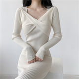 V-Collar Long-Sleeved Knitted Dress Skirt Autumn And Winter 2024 New Sweater Skirt-Outfit