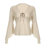 Fongt Cloth Forgets The Ancient Wild Folk Style V Tie With Horn Long-Sleeved Top Knitted Shirt