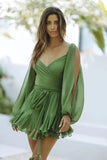 Fongt Spring Women's Dress Sexy Hottie Skylit Lantern Sleeve V Collared Shoulder Dress