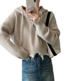 Autumn And Winter New Simple Fringed Broken-Rimmed Hooded Sweater Loose Korean Version Short Zipper Sweater-Outfit