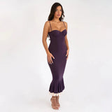Solid Long Flared Two-piece Crop Sleeve Midi Dress-Outfit