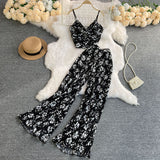 Fongt V-Neck Kink Sling Short Top High Waist Pleated Wide Leg Pants Two-Piece Suit-Outfit