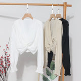 2022 Sexy Niche Cross-Kinny Wrinkles V-Neck Pad Shoulder Long Sleeve Shirt Short High-Waist Bubble Sleeve