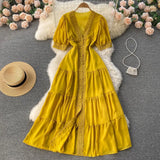 Retro Court Lace Lace V-Collar High-End Dress Waist Short-Sleeved Single-Breasted Long Skirt-Outfit
