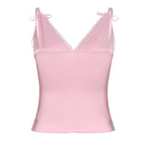Vintage Pink Crop Top Chic Bandage Bow Patchwork Camisole Women Casual Solid Harajuku Tank Tops y2k Harajuku Summer Tees-Outfit