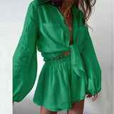 Fongt Women's Wear Casual Solid Color Flounce Shorts Shirt Early Fall Lazy Wind Suit