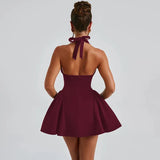 Deep V-Halter Backless A-line Mini Dress-Outfit