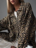 Fongt New Retro Leopard Print Niche Collar Denim Jacket Spring Fashion Loose Trend Jacket