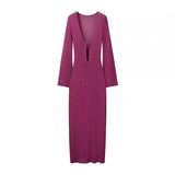 Fongt Women's Explosive Long-Sleeved Knitted Hollow V-Neck Dress