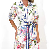 Fongt Women's Explosive Cotton Flowers Printed With Short-Sleeved Dress Women