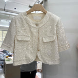 High Quality Korean Tweed Paillette Short Sleeve Jacket Coat Women Korean Fashion Sequin Short Outerwear