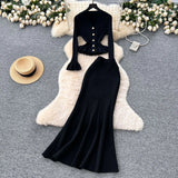 Fongt Thousand Gold Wind Senior Feeling Sister Suit Female Autumn Horn Sleeve Knitted Blouse + High-Waisted Fish Tail Half-Body Dress
