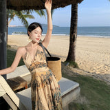 Fongt Retro Halter Dress Female V Collar Small Back Hollow Show Thin Holiday Fairy Skirt Spring-Outfit