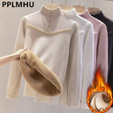 Women Winter Mock Neck Plush Lined Sweater Casual Thicken Warm Knit Tops Korean Slim Pullover Soft Plus Velvet Knitwear