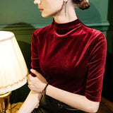 S-3XL Half Sleeve Velour Tees Women's High Elasticity Vintage Basic Top T Shirt Ladies Tee Shirt Real Photos-Outfit