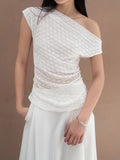 Fongt Desire Girl Wind Thin Slim See One Shoulder Design Ribbon Short-Sleeved Top Babes Reduce Age Thin One-On-Wear Blouse