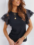 Women Butterfly Short Sleeve Tshirts Summer Lace Cotton T-shirt Tops Casual O Neck Tee Tops Slim Mesh Chiffon White Lady