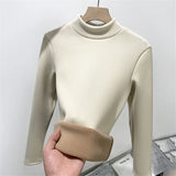 Half Turtleneck Tops Women Winter Plush Velvet Lined Warm T Shirt Long Sleeve Bottom Blusas Korean Slim Fleece