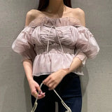 Mesh Bubble Sleeve Blusas Mujer Off-shoulder Shirts Blouses Lace Up Bow Camisas Spring Summer 2024 Tops Tunic Ropa-Outfit