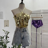 Heavy Industry Bling Bling Glide Hanging Neck Sling Vest One-Style Wrapping Tie With Large Bare Back Blouse