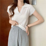 Fongt T-Shirt Women Summer New Short Net Red Hollow Knitted Shirt Full Set Thin Polo Collar Short Sleeve Top