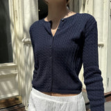 Solid Color Cable Knit Round Neck Cardigan-Outfit