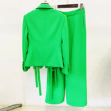 Fongt Early Spring Series New Star Fashion Ribbon Strap Blazer Broad Leg Trousers Set