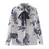 Bowknot Satin Printed Shirt In Spring And Summer-Outfit