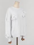 Fongt Casual Women 2025 Autumn New Three-Dimensional Flowers Stitching Design Long-Sleeved Loose Knitting Top