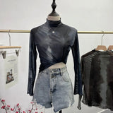 Real Shooting Wave Side Half-High Collar Net Yarn Dyed Long Sleeve Thin Inside The Bottom Shirt Autumn And Winter Folded T-Shirt