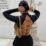 Fongt Summer Collar Sexy Women's Strap Open Back Long Sleeve Elastic Slim Shirt