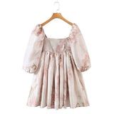 Princess Tie dye Floral Print Ball Gown Organza Dress Puff Sleeve Retro Women Ruched Pleated Waist Mini Party Fairy