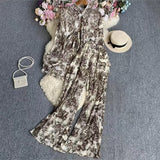 Fongt Suit Female Korean Version Of The Lantern Sleeves Loose Single-Chamed Dizzled Dyed Printed Shirt Three Sets Of High-Rise Broad-Legged Trousers