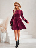 Fongt 2024 Winter New Women's Casual High Collar Velvet Solid Color Waist Dress-Outfit