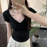 Design Temperament Small Fragrant Wind Cross Twist Pleated V-Neck Shoulder Short-Sleeved T-Shirt Women's Summer 2024 New