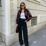 Burgundy Pu Leather Zipper Biker Jacket-Outfit