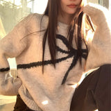 Fongt New 2024 Korean Version Of The Versatile Design Bow Knit Loose Soft Waxy Round Collar Sweater-Outfit